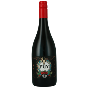Botella de Fuy Pinot Noir Gran Reserva 2020 del Valle de Leyda, vino tinto chileno elegante y fresco.
